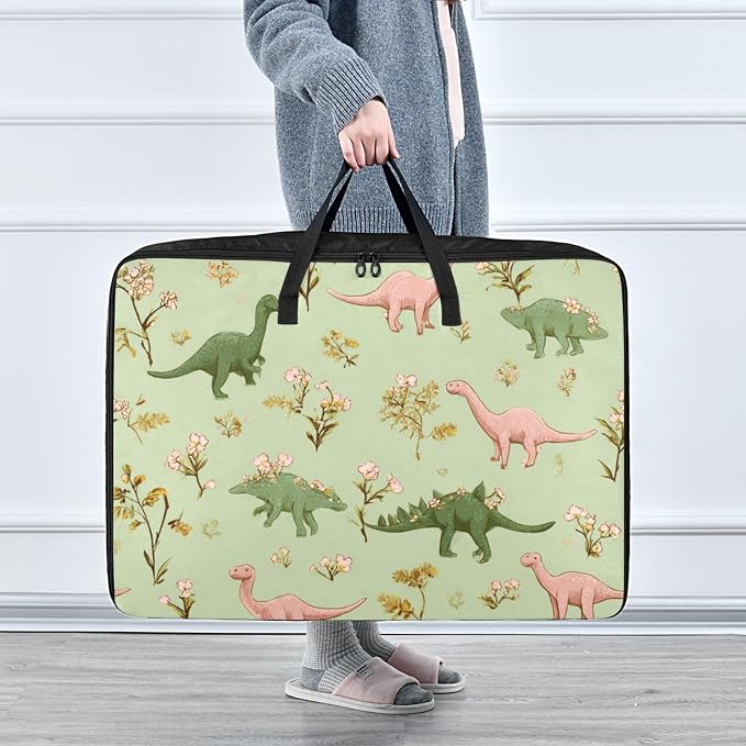 Comforter Storage Bags Large Folding Blanket Organizer Bag with Strong Handles Clear Window Closet Storage Containers for Clothes King Queen Pillows Bedding Quilt Duvet Pink Flower Green Dinosa