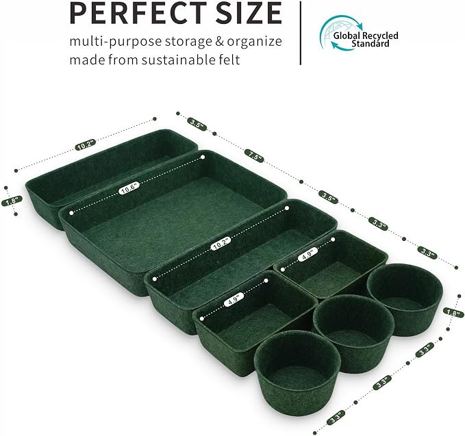 Welaxy Drawer Organizer Tray Quiet luxury 8pc Storage Bin Forest green | Sustainable material soft yet sturdy,multi-purpose storage, sleek minimalist lifestyle