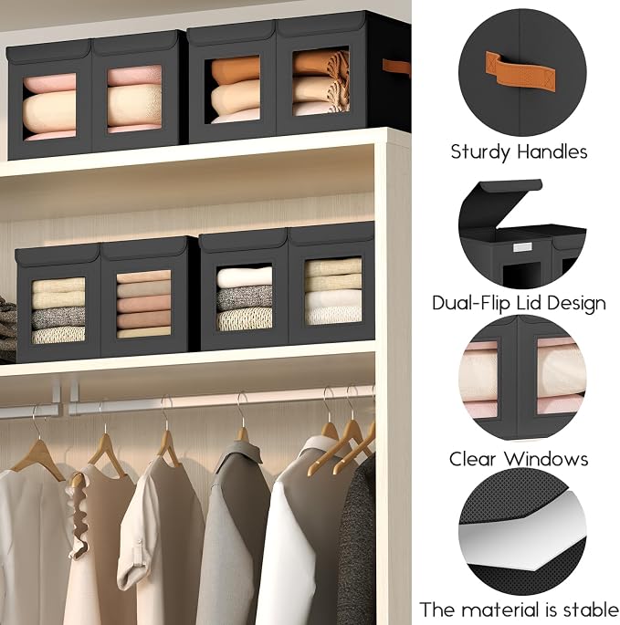 Homsorout Large Closet Storage Bins - Collapsible Divided Clothes Organizer with Lids & Dual Window, Fabric Organizing Bins for Clothes, Sweater, Bedroom, Office (Black, 2 Pack)