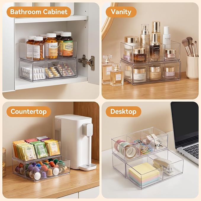2 Tier Clear Bathroom Counter Organizer, Stackable Storage Drawers