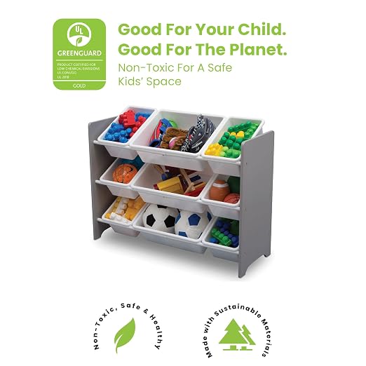 Delta Children MySize 9 Bin Plastic Toy Organizer - Greenguard Gold Certified, Grey & MySize Deluxe Toy Box - Greenguard Gold Certified, Grey