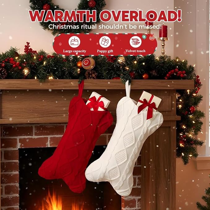 Christmas Dog Stocking, Knitted Bone-Shaped Christmas Stocking for Pets, 16.54x9.45 Inch Holiday Sock for Tree Decoration and Gift Storage (White)