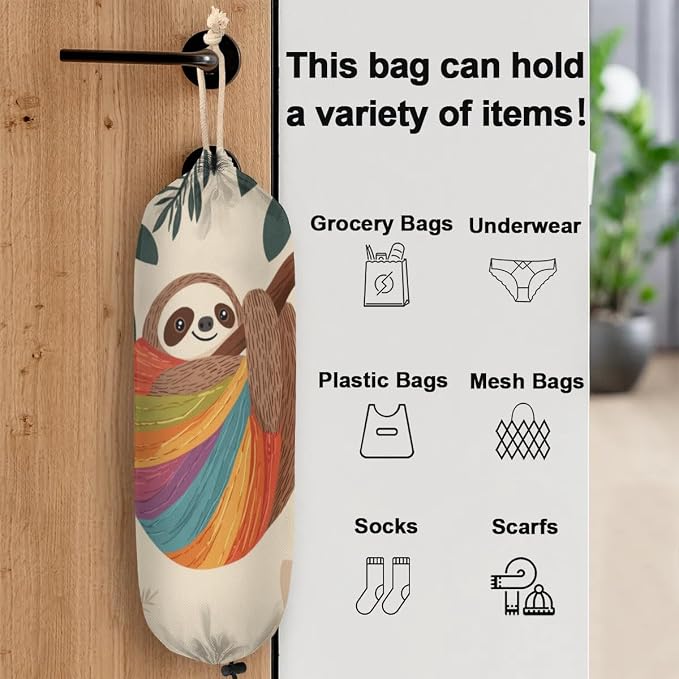 Tree Fern Sloth Plastic Bag Holder Colorful Stripes Grocery Bag Storage Dispenser Washable Hanging Shopping Bags Carrier Reusable Wall Mount Trash Bag Organizer for Kitchen Pantry