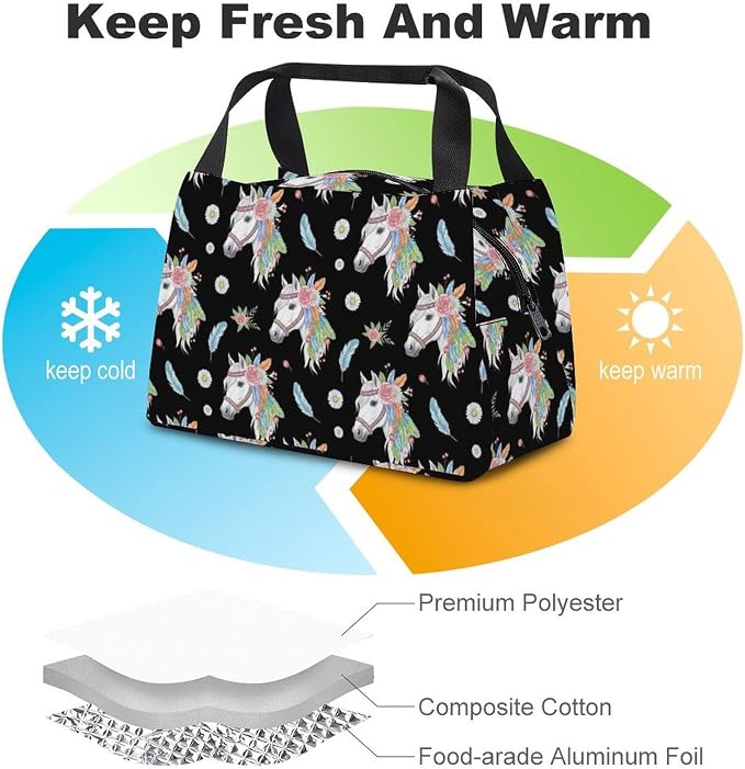 Cool Large Capacity Cooler Tote, Feathers Horse Daisy Floral | Reusable Insulated Lunch Box, for Office Travel, Portable Handheld Food Storage Bag, for Snacks Drinks