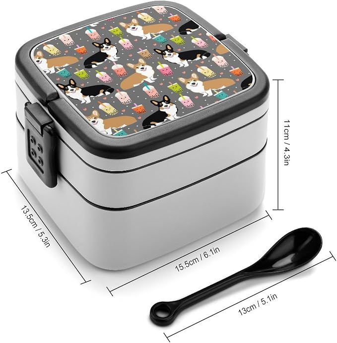 Cute Corgi Pet and Milk Tea Double Layer Bento Box, 1000ml Stackable Leakproof Lunch Container with Spoon, Portable 2-Tier Food Storage Box for Office Work Picnic Camping and Travel