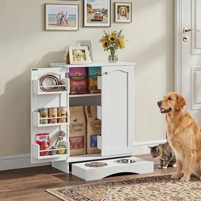 32" H Dog Feeding Station with Storage with Adjustable Shelves | Pet Food Storage Cabinet with 2 Elevated Bowls,Hooks & Letter Stickers,Hidden Dog Feeding Organizer for Cats and Dogs,White