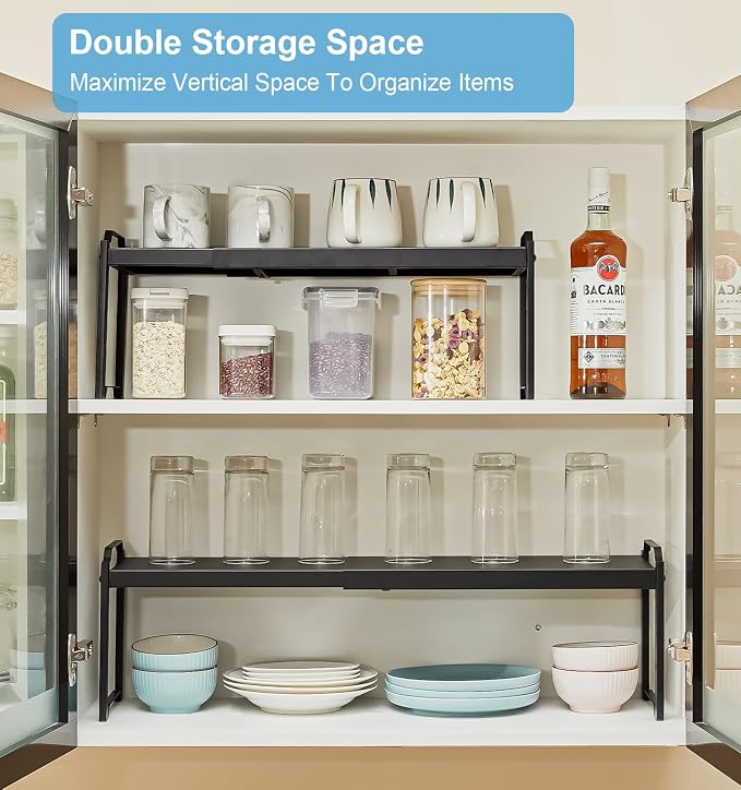 Expandable Cabinet Shelf Organizer, Adjustable kitchen Countertop Storage | 2 Pack Stackable Metal Kitchen Cabinet Countertop Storage Shelves, Heavy Duty Counter Cupboard Pantry Organizers, 20.5" Long