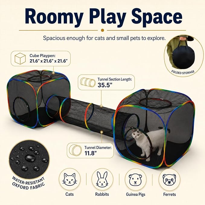 Outdoor Rainbow Cat Enclosures Playground,Outside House for Indoor Cats Include Portable Tent, 2 Way with 2 Cube Tunnel, for Kitty and Small Animals,Within Storage Bag