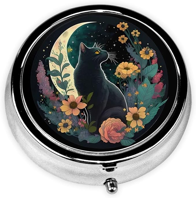 Pill Box, Small Pill Organizer with 3 Compartments and Mirror, Cute Round Portable Travel Metal Pill Case for Pocket or Purse, Privacy-Protecting Medicine Box-Dark Night Moon Flower Cat