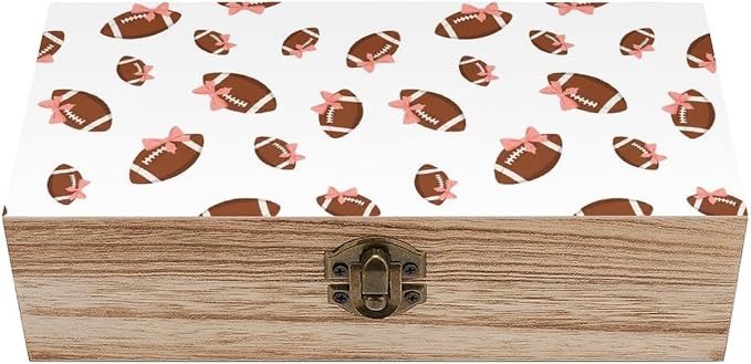 Wooden Storage Box Keepsake Organizer Case with Lid, Pink Bow Football | White Small Memory Boxes, Photo Organizer Jewelry Container Case, 9.2x5.5x3.9 Inch
