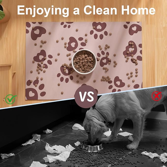 BLESWIN Pet Feeding Mat 16"x24", Absorbent Pet Food Mat, Dog Food Mat Large, Rubber Dog Mats are Non-Slip and Waterproof to Protect Floors, Mat for Cat Food and Water Bowls, Cat Feeding Mat, Pink