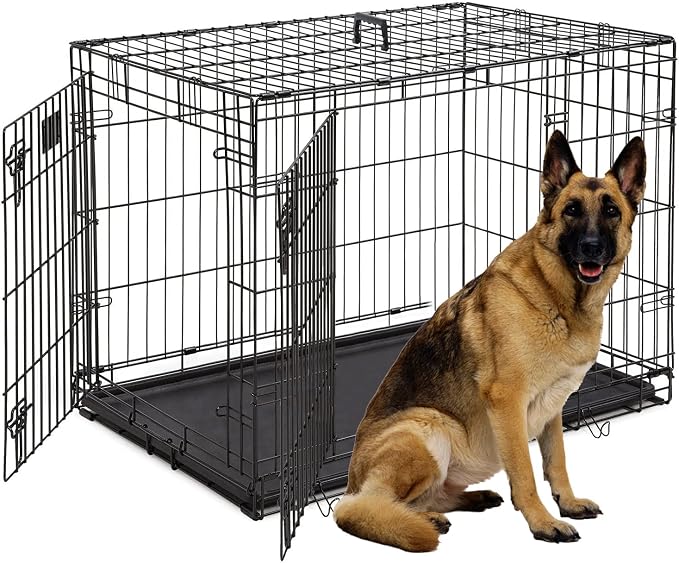 Dopinmin Pet Dog Crate with Divider, 48 Inch Dog Crate Cage Indoor Black | Double Door Folding Metal Dog Kennel Large Dog Crate with Divider Plastic Pan, Basic Pet Crates for Medium Large Breed Dog