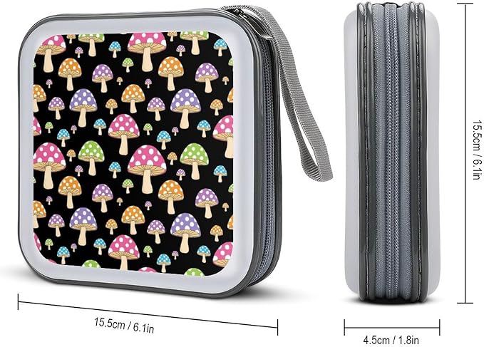 Hard Plastic 40-Disc Storage Binder Colorful Neon Mushroom, Protective CD/DVD Wallet with Zipper, Portable Organizer for Movies Music