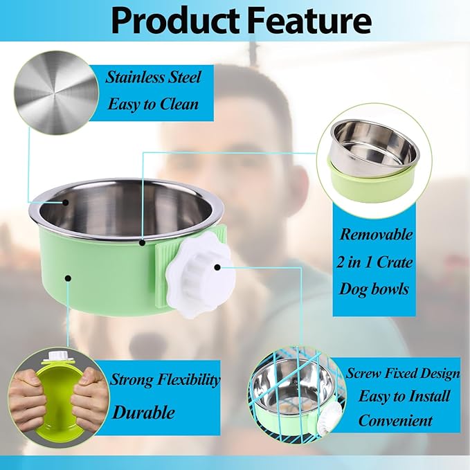 Mechpia 2 Pieces Crate Dog Bowl, Removable Stainless Steel Pet Kennel Hanging Food Water Feeder Bowl Cage Coop Cup for Puppy Medium Dog Cat Rabbit Ferret Bird (Blue,Green) (Pack of 2)