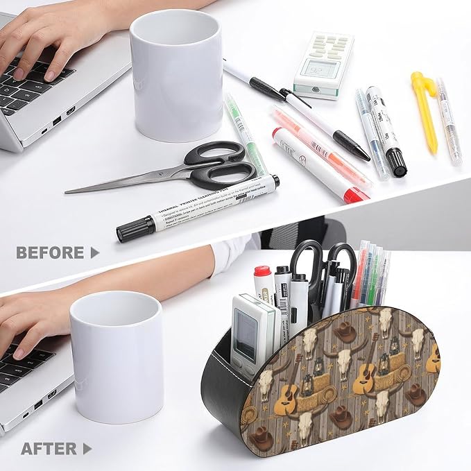 TV Remote Control Holder Cowboy Skull Cactus 5 Compartment Table Organizer | PU Leather Desktop Caddy Box, Western Skull Cowboy Cow Hat Boots Guitar Cactus, for Media Player, Stationery Accessories