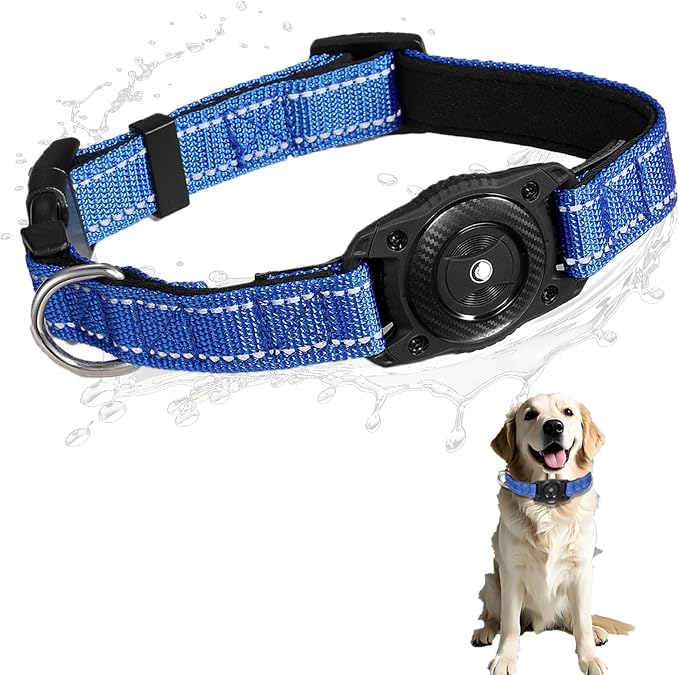 Air Tags Dog Collar, Waterproof Pet Collar with Air-Tag Chip for Apple Find My (iOS only) (Blue, L)