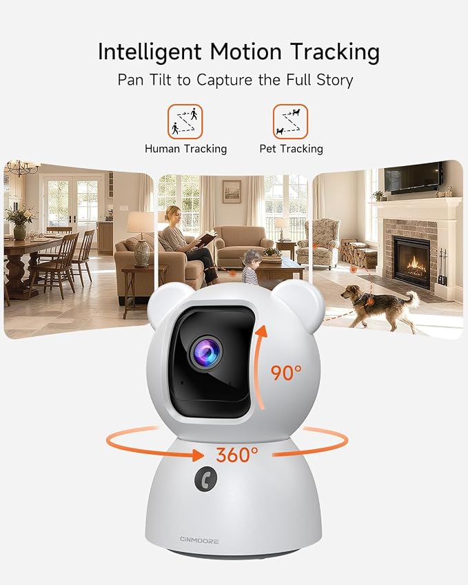 4MP Camera for Home Security, Free 32GB SD Card, Non-Subscription AI Human/Pet/Crying Detection, 2.5K Dog Cat Pet Camera with Phone APP, 360° Coverage, 2-Way Talk, IR Night Vision, 2.4G WiFi