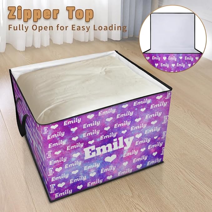 Custom Storage Baskets Cubes for Home with Name, Love Heart Large Foldable Organizer Collapsible Storage Bins for Home Blanket Comforters Clothes Closet Nursery, Watercolor Purple Galaxy Background