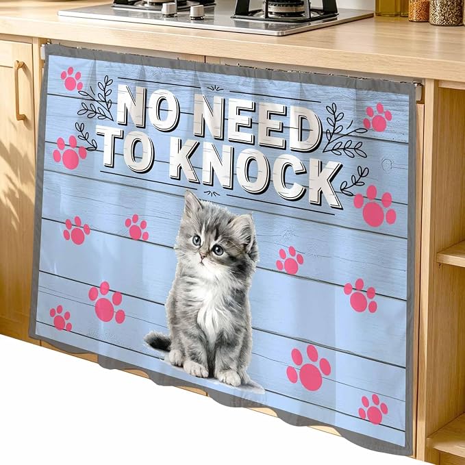 NO Need to Knock Cabinet Dishwasher Hidden Curtains, Privacy Closet Door Curtain, Cat Pet Paw Prints Pet Lover Farmhouse Adhesive Dust Proof Under Sink Skirt for Bathroom Kitchen 35"x35"