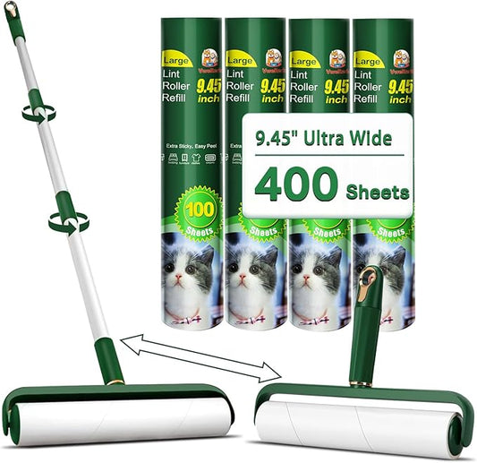 Large Lint Rollers for Pet Hair Extra Sticky, 400 Sheets Roller Refills with Long Handle, 9.45" Giant Lint Roller for Floors, Furniture, and Pet Owners (Green)