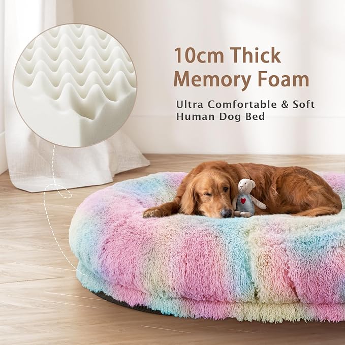 ROOMTEC Human Dog Bed, 78''x51''x12'' Size Fits Adult and Pet Washable Giant People Bed 10 CM Thick Memory Foam Large Oversize Pet Bed with Plump Pillow, Blanket, Strap - Rainbow