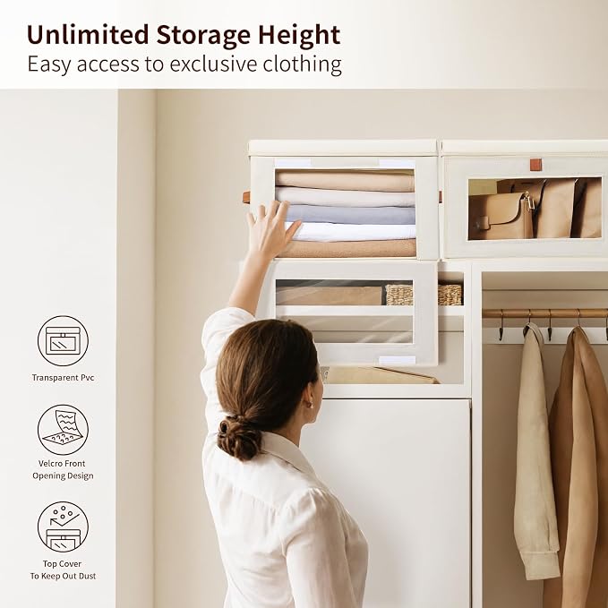 Large Closet Storage Bins - Collapsible Clothing Organizer with Handles & Window, Decorative Bin with Lids, Linen Closet Organizers for Living Room, Dorm, 6 Pack, Beige