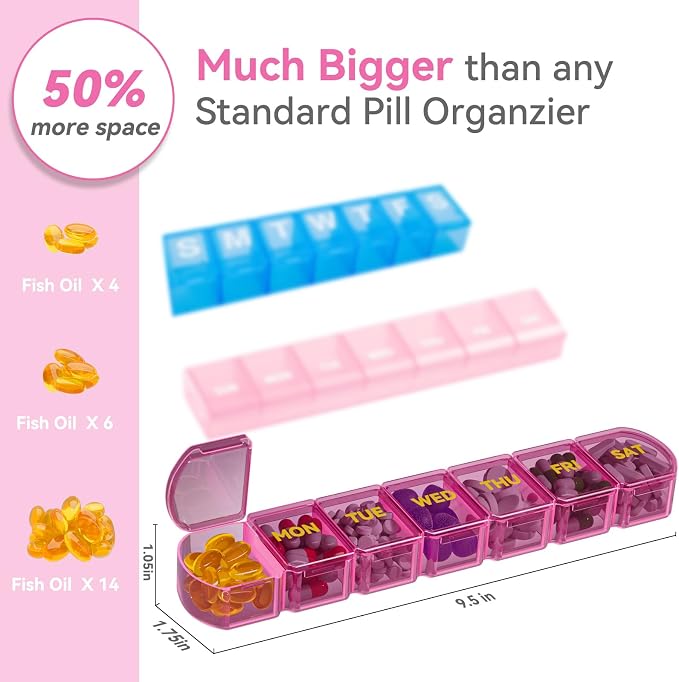 Large Pill Organizer Weekly - 7 Day Compartments with Easy-Open Design | SHIJOINYU XL Pill Box with High-Capacity, Daily Medicine Pill Organizer for Vitamins, Supplements, Fish Oils