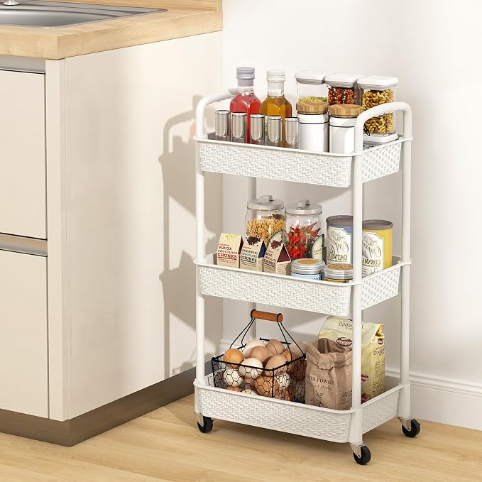 MOYIPIN 3-Tier Plastic Rolling Utility Cart with Handle,Utility Storage Cart for Office, Living Room, Kitchen,Movable Storage Organizer Shelves,White | Utility Storage Cart for Office, Living Room, Kitchen,Movable Storage Organizer，Easy installation，Ra...