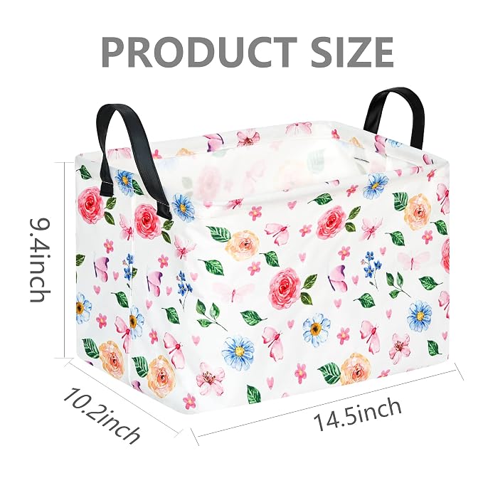 Pink Floral Storage Basket for Girls Room, Foldable Toy Organizer Bin | Pink Floral & Bow Design with Cotton Linen Fabric, Waterproof Lining, Leather Handles and Foldable Style for Girls’ Storage