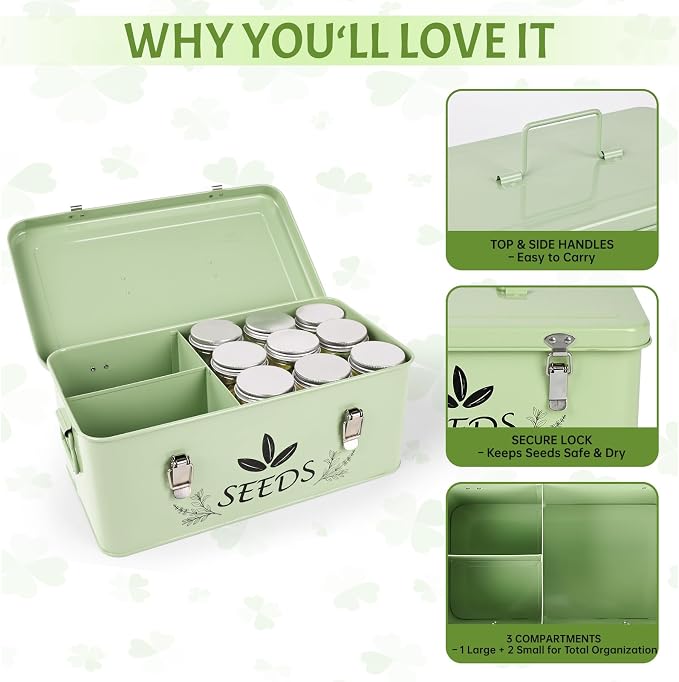 Spring Seed Storage Organizer | 3-Compartment Metal Seed Box with Locking Lid | 18 Wide-Mouth PET Vials, 30 Envelopes, 500+ Labels | Portable Seed Bank & Gift (Mint Green)