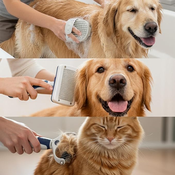 BPG Pet Grooming Tools for Dogs & Cats- 3 Piece Dog Grooming Kit, Slicker Brush, Bath Brush and Undercoat Rake- Non-Slip Easy to Use Deshedding Tools for All Coat Types