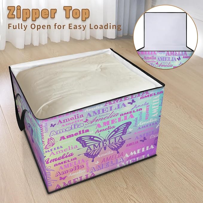 Custom Name Large Clothes Storage Organization with Lids, Shelf Basket, Bedding Clothes Towel Storage Bin for Nursery, Gift Basket, Pet Basket, Coloful Gradient Galaxy Purple Green with Butterfly