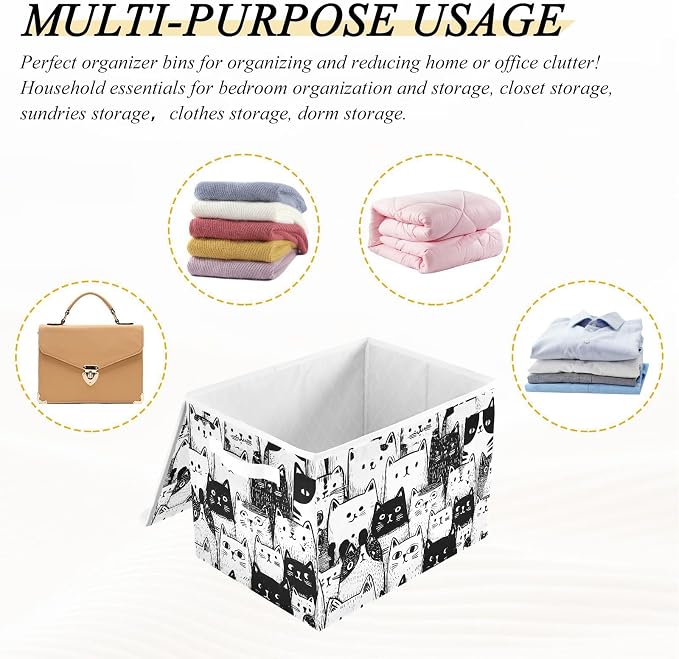Cute Cat Pattern Storage Bins with Lids Closet Bedroom 40L Storage Basket | Decorative Storage Boxes, Foldable & Stackable, Dust-Proof Flip Top, Reinforced Handles, For Home & Dorm, Clothes & Toy Box