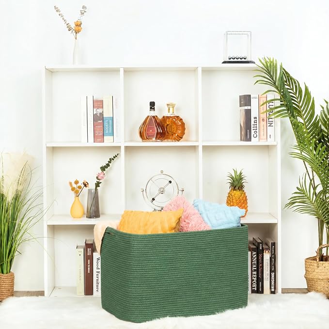 112L Extra Large Blanket Basket Holder Living Room, 25"x17"x16" Rectangle Rope Woven Storage Basket with Handles for Laundry, Towels, Shoes, Dog Toy Organizer Bin Box, Green