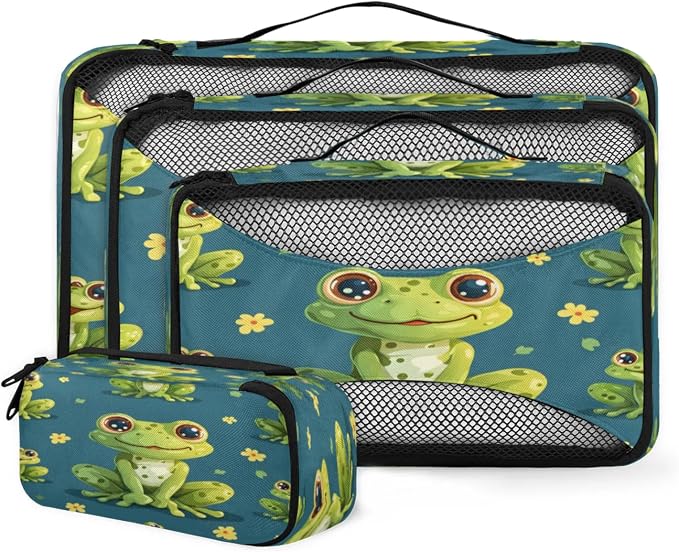 4 Set Packing Cubes for Travel, Frog Cute Animal Packing Cubes for Women, Travel Luggage Packing Organizers, Packing Cube Set, Cute Frogs Flower