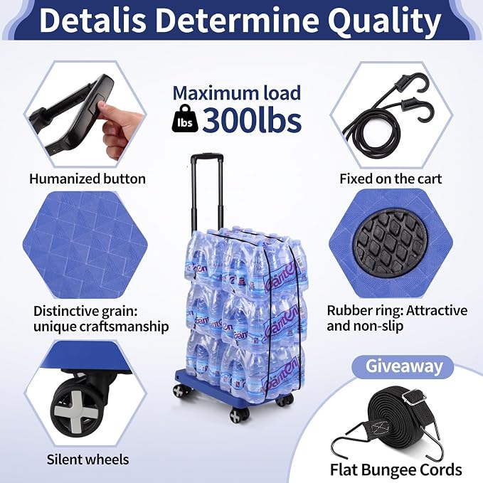 GtIiFmTe Foldable Hand Truck, Lightweight Luggage Cart for Airport Car Seat | Compact Folding dolly with Rotating swivel wheel,storage size12×15.7×4.1",300lbs Load,Upright Lock Handle with 3bungee cords