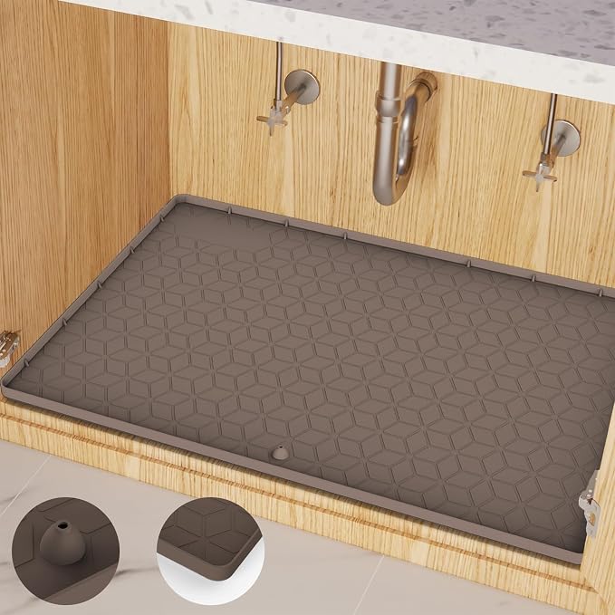 Under Sink Mat for Kitchen, Silicone Waterproof Liner with Drain Hole, Flexible Cabinet Organizer Tray, Holds Up to 3.3 Gallons, Easy to Clean (Brown, 34x22)