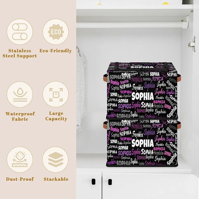 Personalized Foldable Storage Basket with Name, Black with Colorful Names Zipper Lid Laundry Hamper Dirty Clothes Pet Toys Storage Bin with Handles for Shelf Home Closet Kitchen