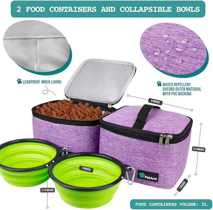 PetAmi Dog Travel Bag Organizer, Pet Supplies Tote Diaper Bag, Purple Large | Pet Travel Kit with 2 Food Containers & 2 Collapsible Dog Bowls, Luggage Sleeve, Weekend Getaway Road Trip Camping Essentials