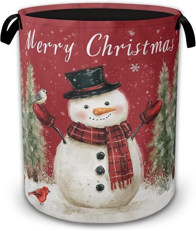 Snowman Bird Collapsible Laundry Basket,Merry Christmas Waterproof Oxford Cloth Hamper with Handles,Portable Storage Organizer for Laundry Room Bedroom