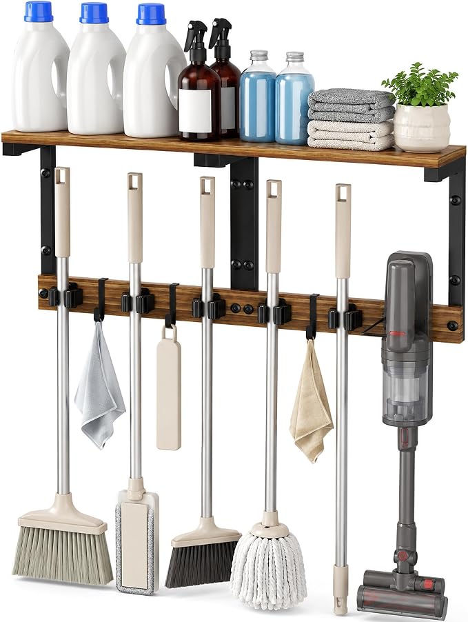 Broom and Mop Holder Wall Mount, 27" Large Organizer with Wood Shelf | Vacuum Holder, 5 Heavy-Duty Grippers, 5 Movable Metal Hooks for Laundry Room, Garage and Utility Closet Organization