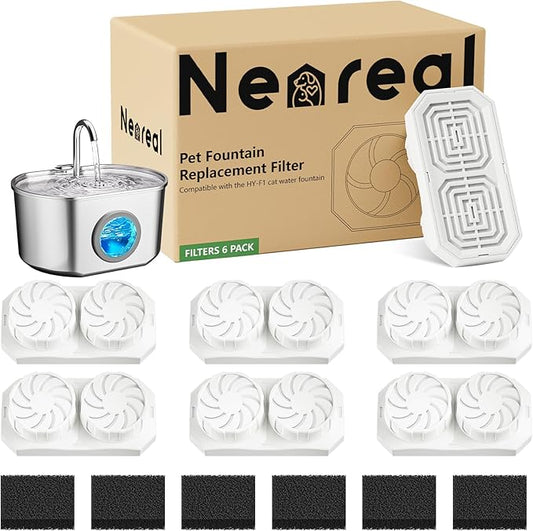 Neareal Cat Water Fountain Replacement Filters & Pre-Filter Sponges Compatible with 74oz/2.2L Stainless Steel Pet Fountain (6 Filters & 6 Sponges)