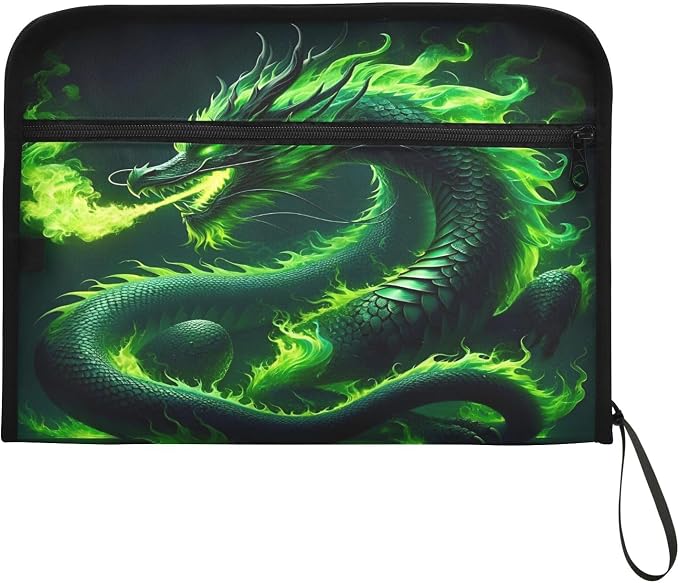 Green Fire Dragon File Organizer 13 Pocket Expanding File Folder with Front Pouch Portable Business Fire Storage Document Organizer Folder with Zipper