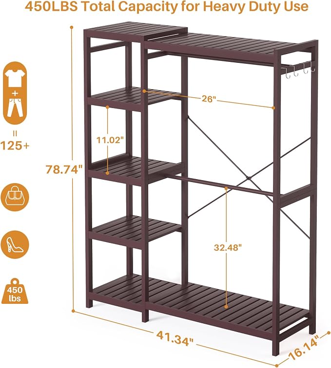 Bamboo Closet System, 41.4” Wide Clothing Rack, 78.8”H, Espresso | Freestanding Clothes Rack with 7 Adjustable Shelves, 2 Rods, 4 Hooks, Open Wardrobe Organizer, Wood Garment Rack for Bedroom