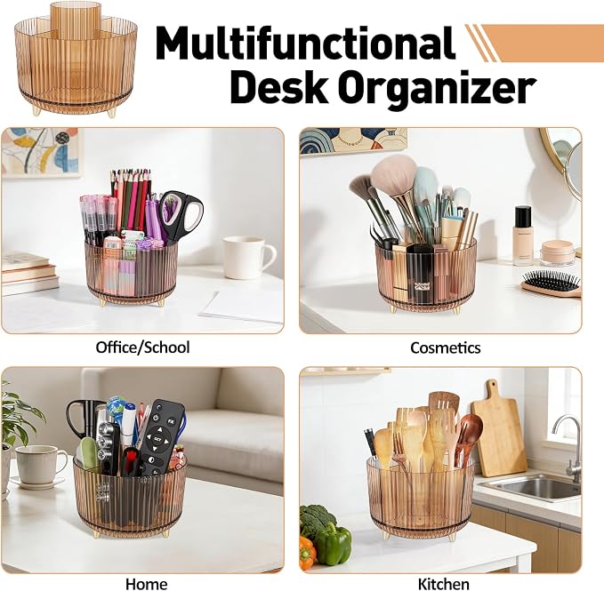 360 Rotating Pen Pencil Holder for Desk, Pen Organizer with 5 Slots | Makeup Brush Holder, Desk Organizer and Accessories, Cute Pencil Cup Caddy for Office School Home Decor Art Supply (Amber)