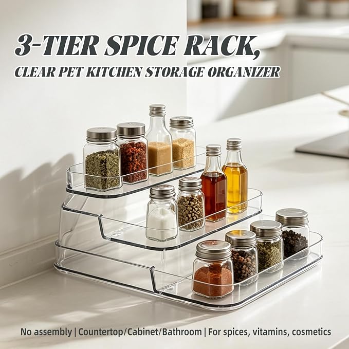 3-Tier Spice Rack, Clear PET Kitchen Storage | No assembly required, fits kitchen, bathroom, pantry, Holds spices, vitamins, cosmetics, BPA-free, space-saving