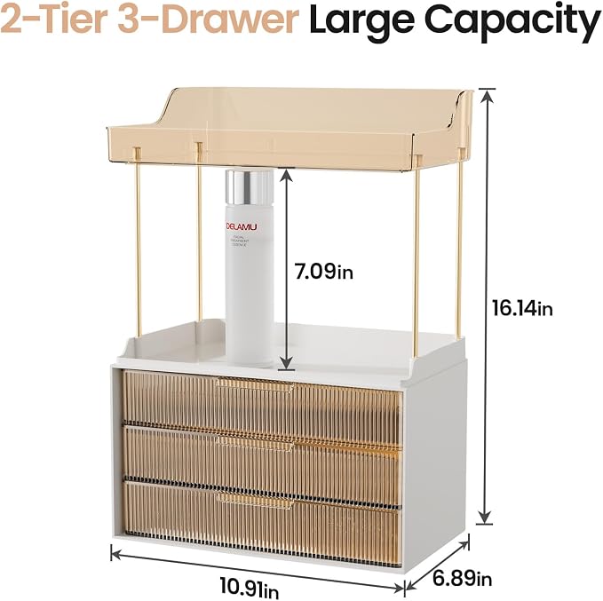 Delamu 5-Tier Makeup Organizer, Bathroom Counter Storage, 3 Drawers, Amber | Elegant Vanity Organizer Gift for Women, Holds Perfume, Skincare, Nail Polish & Hair Accessories for Bathroom Countertop