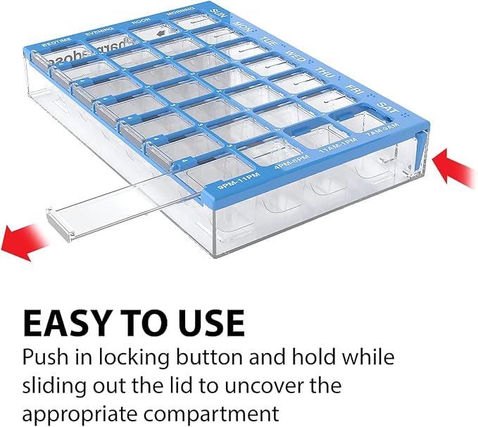 EZY DOSE Weekly (7-Day) Pill Organizer, Vitamin and Medicine Box, Medium Compartments with Easy Fill Tray, 4 Times a Day, Clear Lids, Color May Vary, BPA Free