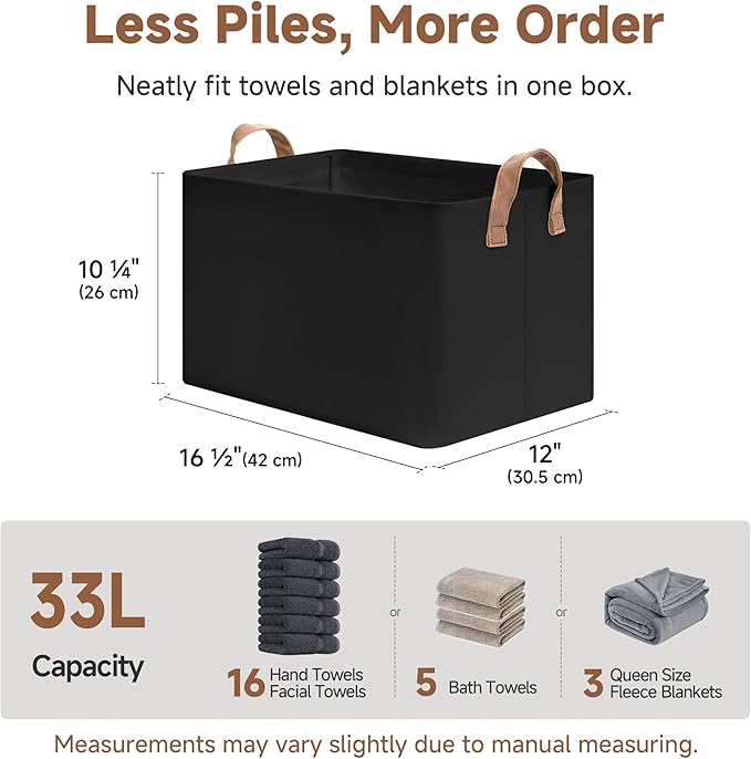 StorageWorks Closet Storage Bins, Black, Large, 2-Pack | With Reinforced PU Handles, Metal Frame, Collapsible, Storage Basket for Shelves, Closet, Holds Clothes, Towels, Blankets