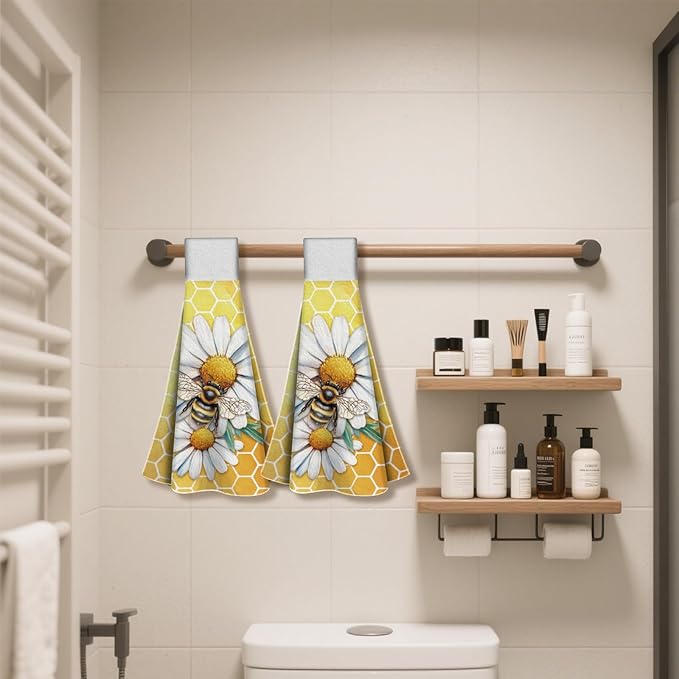 CUTHOLLOW Bee and Daisy Hanging Kitchen Towels with Loop, Set of 2 - Soft & Super Absorbent Microfiber Decorative Hanging Dish & Hand Towel, Tea, Coffee Towel for Kitchen Bathroom Oven Handle